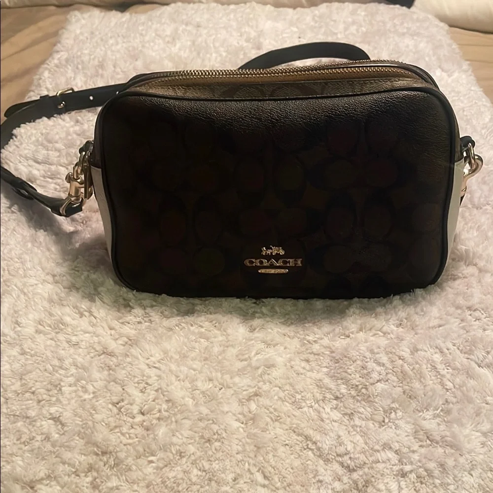 Coach Brown and Cream Crossbody Bag with Sleek Design